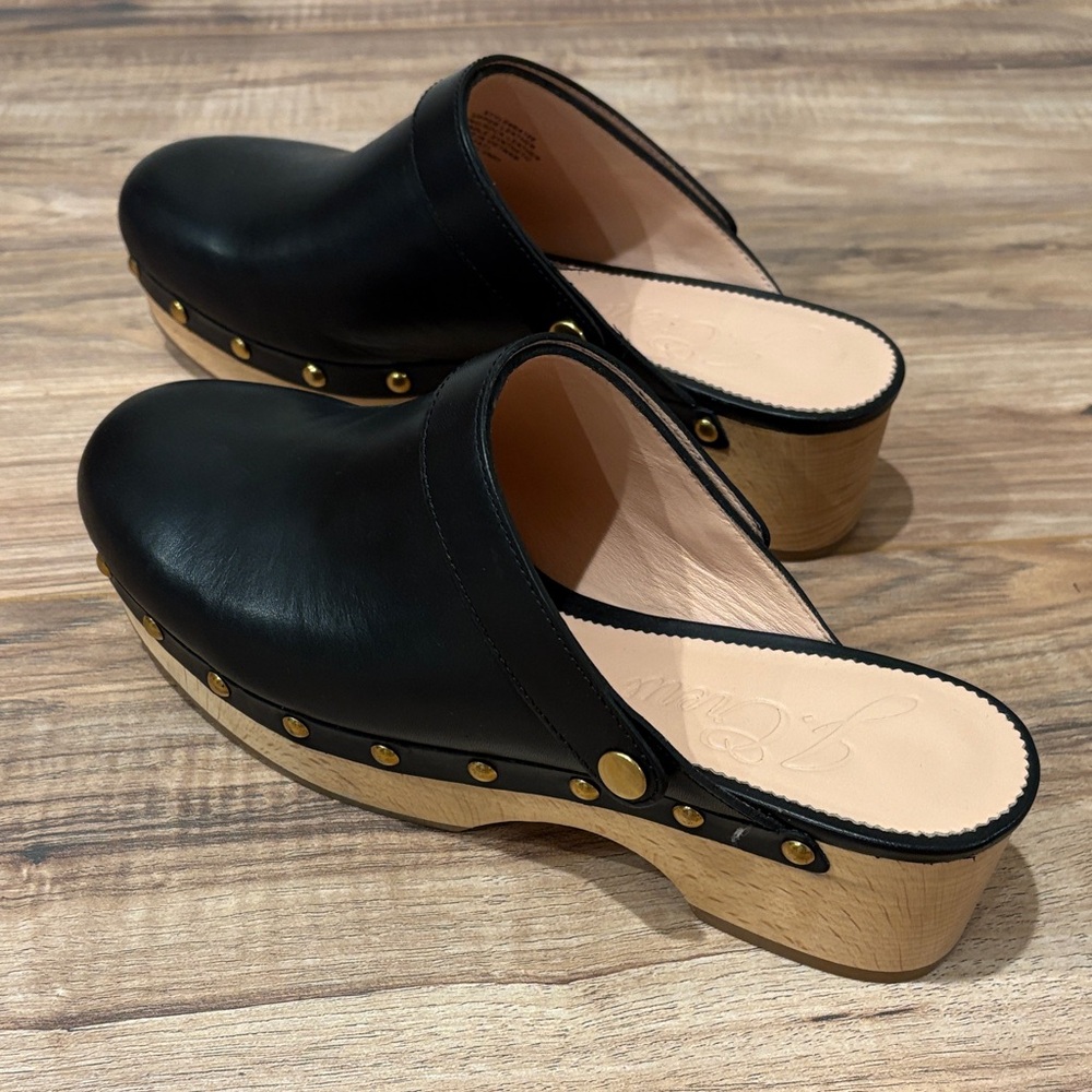 J. Crew Black Leather Clogs with Wooden Heel